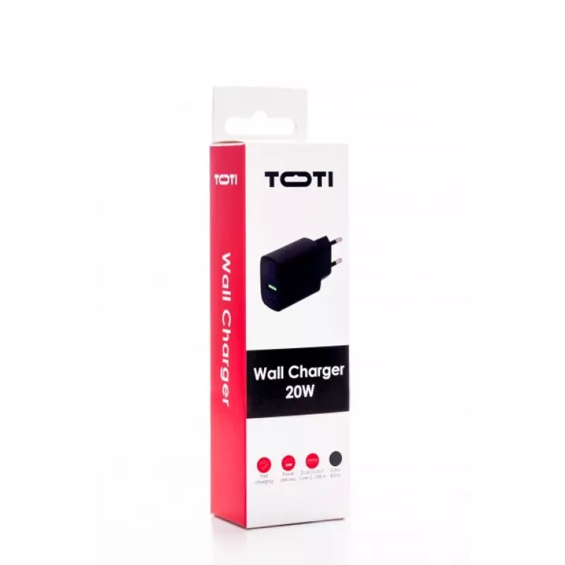 SEEK TOTI 20W Type-C + USB A seinakiirlaadija, must