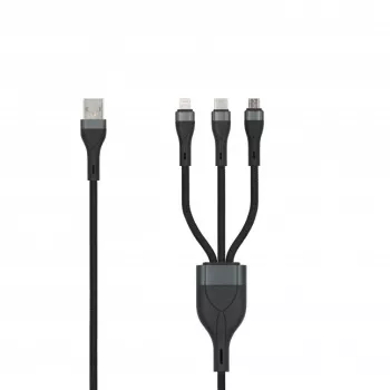 SEEK TOTI USB A to Micro USB / USB-C / Lightning 1.5m Punutud Kaabel 2A (Non-MFI) Must