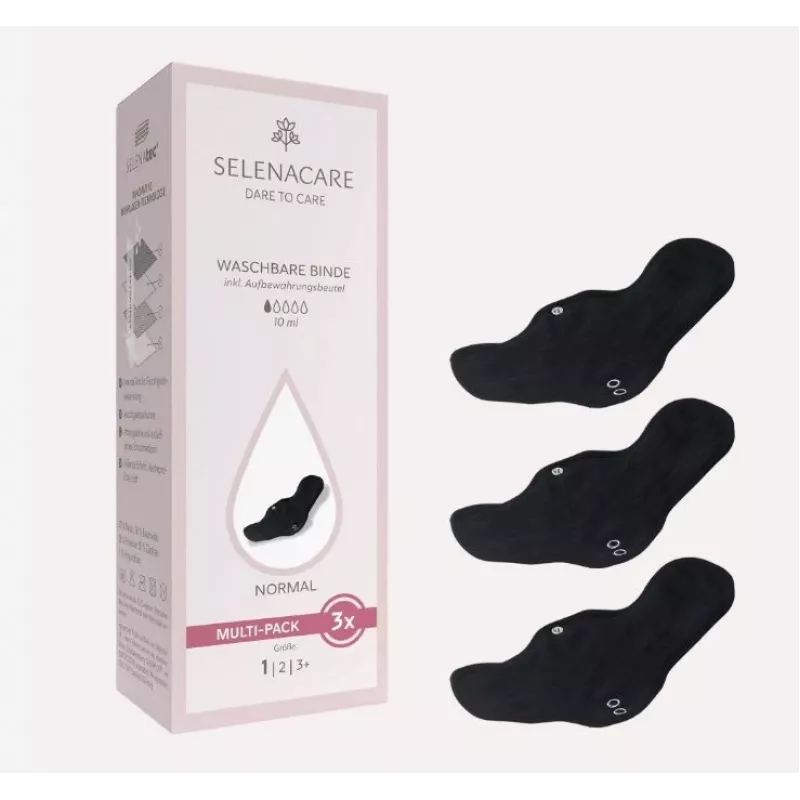 Selenacare Washable Pads (3-Pack) - Regular Flow, Bamboo Charcoal, Reusable Menstrual Pad