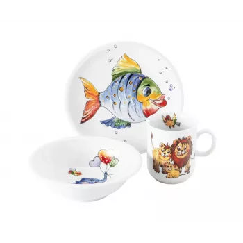 SELTMANN COLORFUL WILDLIFE Laste söögikomplekt 3-osaline portselan - taldrik, kauss, kruus - looma motiivid