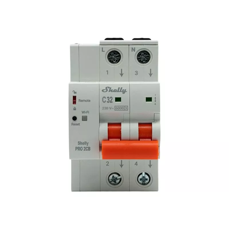 Shelly Pro 2CB C32 nutikas miniatuurne kaitselüliti, 2-pooluseline, 32A, Wi-Fi, LAN, Bluetooth