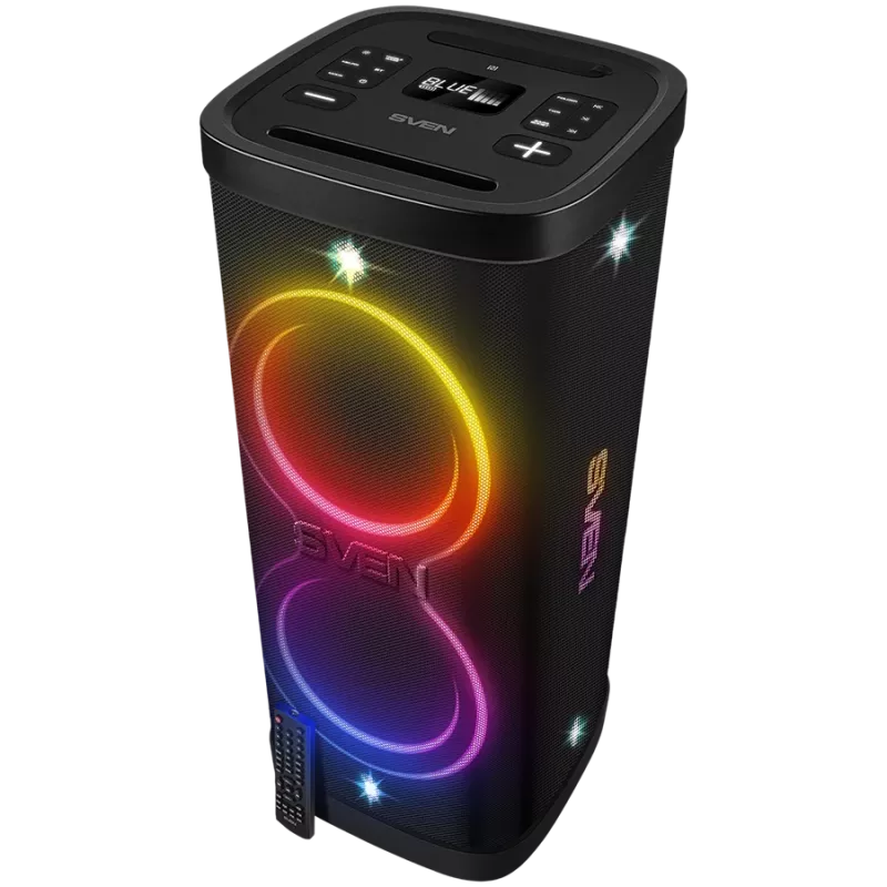 Kõlar Party Box SVEN PS-1250, must (300W, TWS, IPx4, Bluetooth, FM, USB, microSD, LED-ekraan, 13500mAh)