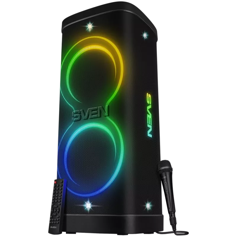 Kõlar Party Box SVEN PS-1250, must (300W, TWS, IPx4, Bluetooth, FM, USB, microSD, LED-ekraan, 13500mAh)