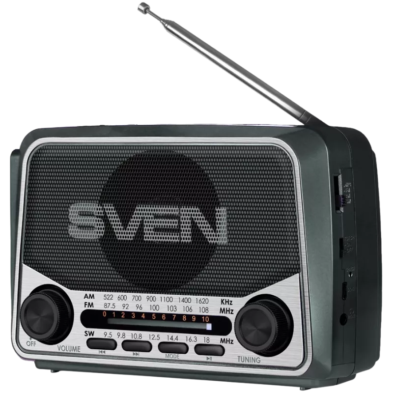 Kõlar SVEN SRP-150, hall (3W, Bluetooth, FM/AM/SW, USB, microSD, taskulamp, aku)