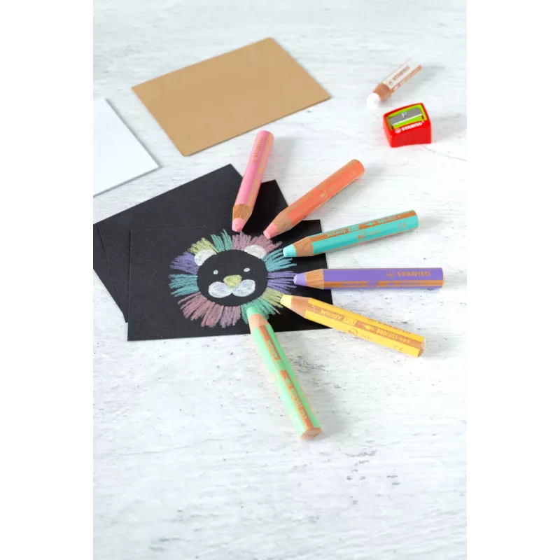 STABILO woody 3 in 1 Multitalentstift Pastellvärvipliiatsite komplekt - 6 tk, ümmargune, FSC sertifikaadiga, vees lahustuv