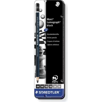 Staedtler Mars Lumograph 100B G6 grafiitpliiatsite komplekt – 6 erinevat kõvadusastet (8B–B), kuusnurkne, PEFC sertifitseeritud