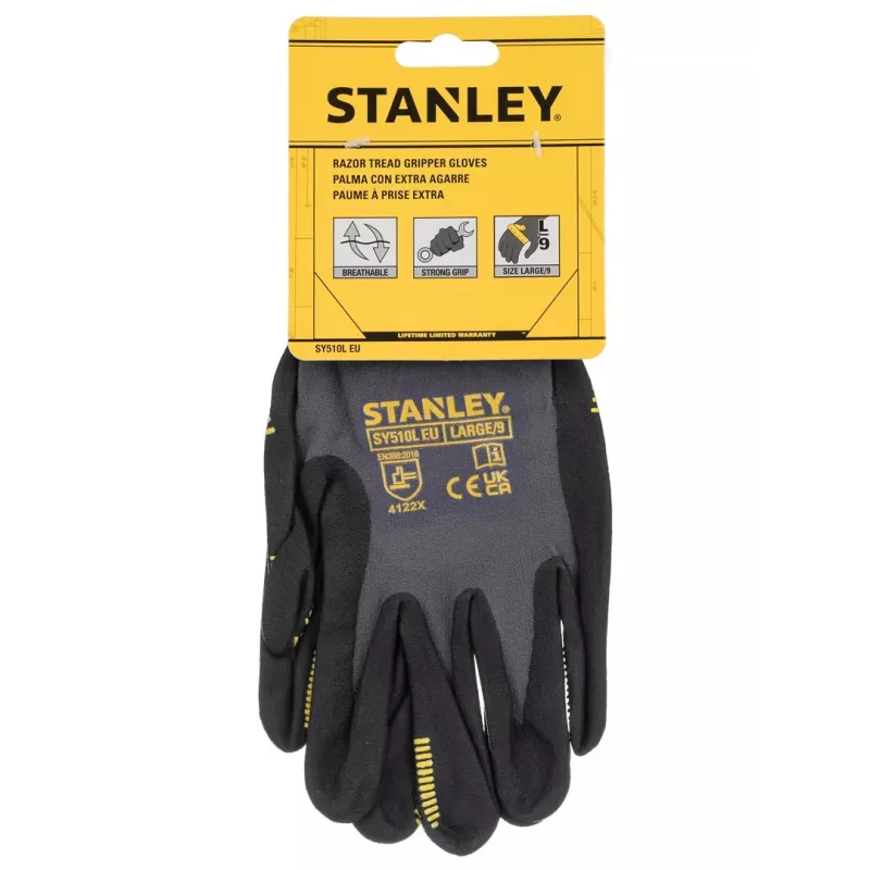 Stanley SY510L-QS töökindad, suurus L (9) - sünteetiline nahk peopesal, spandex seljaosa, neopreen mansett, EN 388 sertifitseeritud, must/kollane