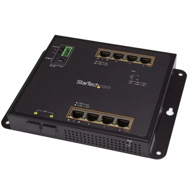 StarTech.com 8 Port PoE+ Gigabit Ethernet Managed Industrial Switch with 2 SFP Ports - Wall Mountable with Front Access