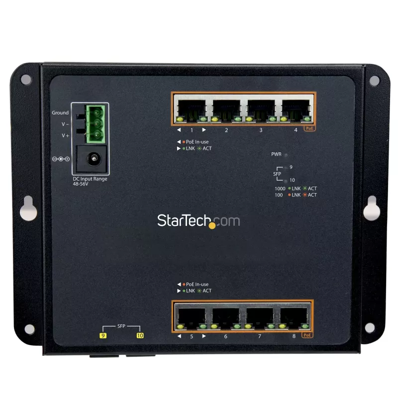 StarTech.com 8 Port PoE+ Gigabit Ethernet Managed Industrial Switch with 2 SFP Ports - Wall Mountable with Front Access