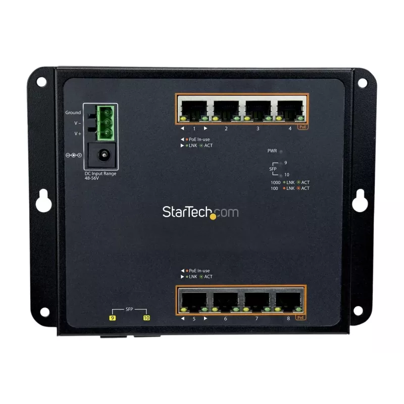 StarTech.com 8 Port PoE+ Gigabit Ethernet Managed Industrial Switch with 2 SFP Ports - Wall Mountable with Front Access