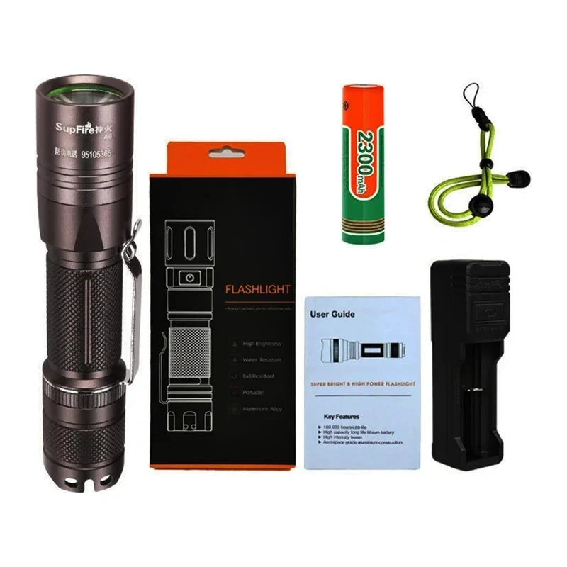 SUPERFIRE A6 Taskilamp - 1200 luumenit P50 LED, 280m valgusvihk, USB-laetav, suumitav, IP44