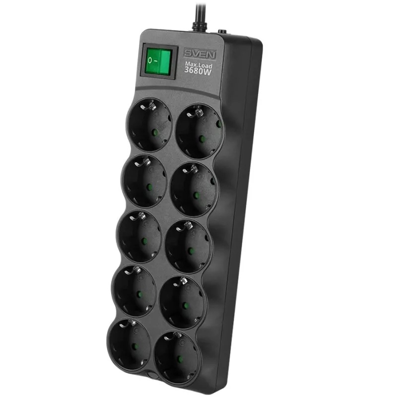 SVEN SF-10E-16 Piksekaitsega pikendusjuhe, 10 pistikupesa, 16A, 3.6kW, 1.8m, must