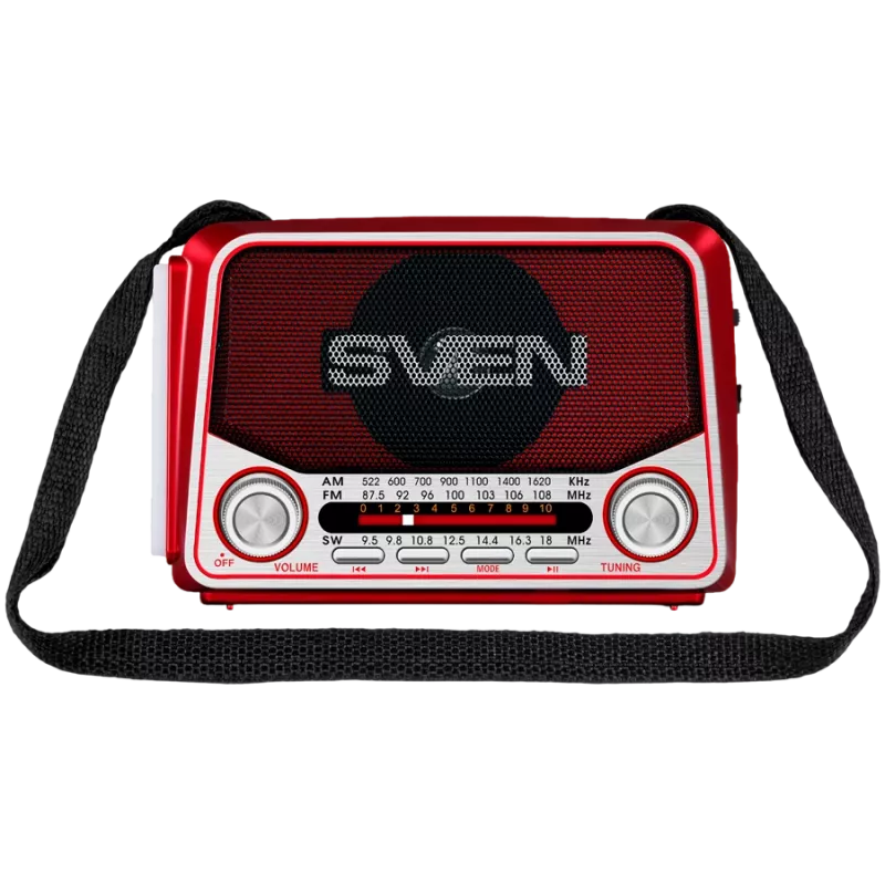 SVEN SRP-150 Kaasaskantav kõlar, punane (3W, Bluetooth, FM/AM/SW, USB, microSD, taskulamp, aku)