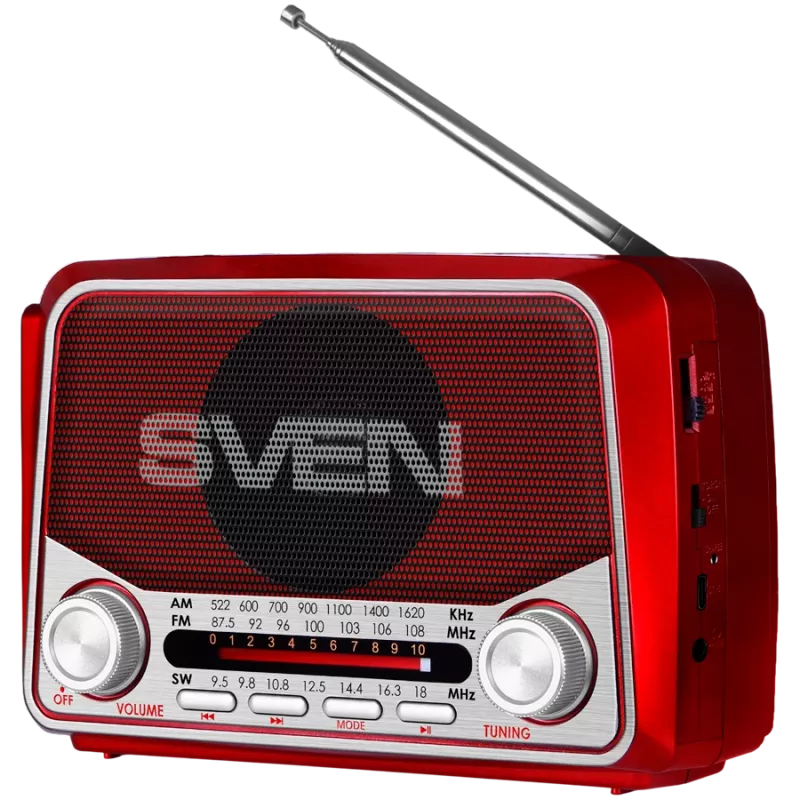 SVEN SRP-150 Kaasaskantav kõlar, punane (3W, Bluetooth, FM/AM/SW, USB, microSD, taskulamp, aku)