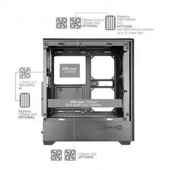 TACENS MARS MC-QUANTUM Mid-Tower ATX korpus 3x120mm FDB ventilaatoriga + 1x120mm ARGB ventilaator, USB-C, karastatud klaas, must