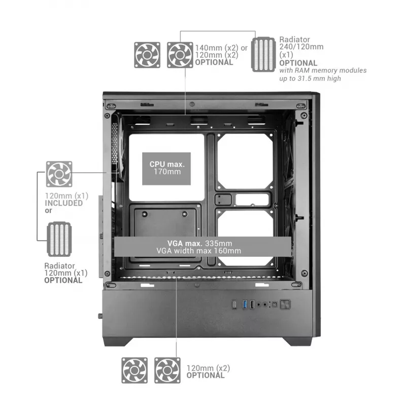 TACENS MARS MC-QUANTUM Mid-Tower ATX korpus 3x120mm FDB ventilaatoriga + 1x120mm ARGB ventilaator, USB-C, karastatud klaas, must