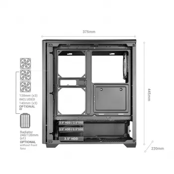 TACENS MARS MC-QUANTUM Mid-Tower ATX korpus 3x120mm FDB ventilaatoriga + 1x120mm ARGB ventilaator, USB-C, karastatud klaas, must