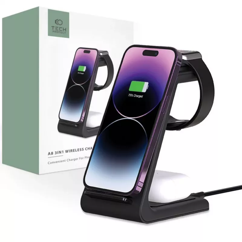 Tech-Protect A8 10W 3-in-1 Wireless Charging Stand for Smartphone, Headphones, Smartwatch - Black