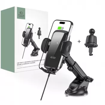 Tech-Protect CM15W-V1 Universaalne autotelefonihoidja 15W Qi-juhtmevaba laadijaga armatuurlauale ja õhutusavale - must
