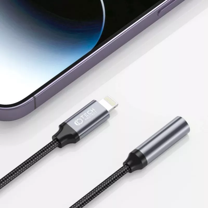 Tech-Protect Lightning (isane) – 3,5 mm minipistik (emane) adapter – valge