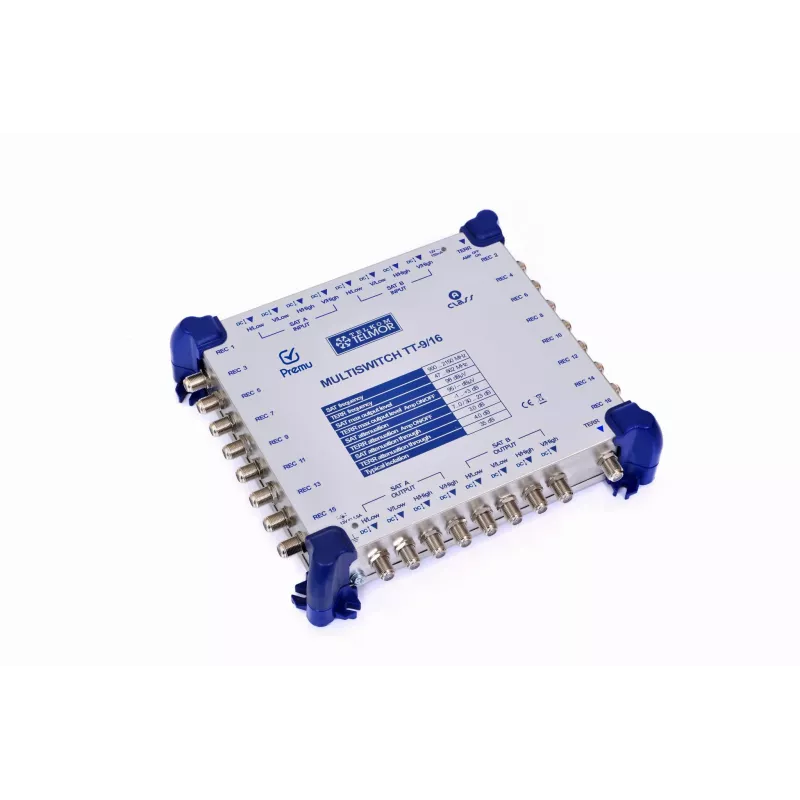 TELMOR Multiswitch 9/16 PREMU kaskaaditav satelliit-multiswitch 8 SAT-sisendit 1 TER-sisend 16 abonendiväljundit 9 kaskaadväljundit F-tüüpi pistikud