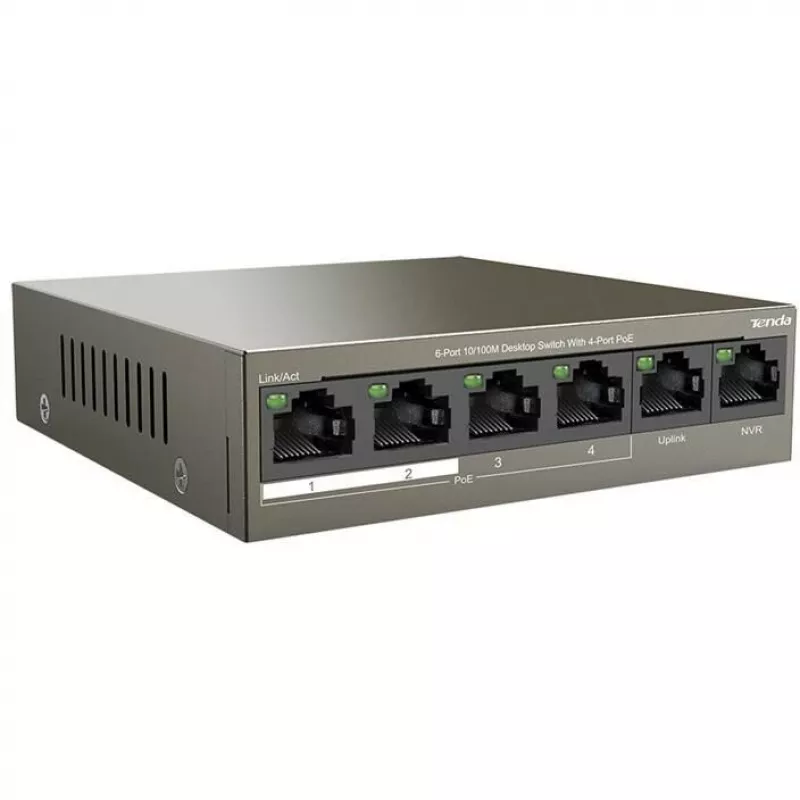 Tenda TEF1106P-4-63W PoE+ Switch, 6-Port Fast Ethernet, 4 PoE+ Porti, 63W Budget, Ventilaatorita Lauaseade