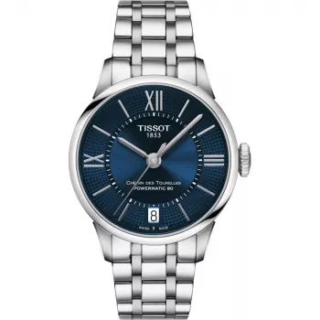 TISSOT T-Classic Chemin des Tourelles naiste automaatkell 32mm sinise pärlmutterkettaga ja teemantindeksitega roostevabast terasest käevõruga