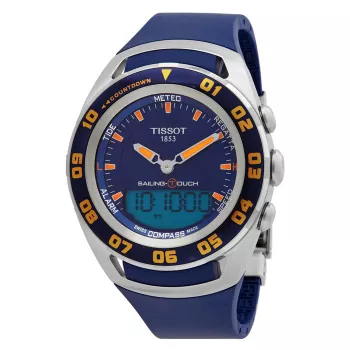 TISSOT T-Touch II meeste käekell T056420270410 - 45mm titaankorpus, sinine kummist rihm, Šveitsi kvartskronograaf koos kõrgusemõõtja, baromeetri, kompassi ja termomeetriga