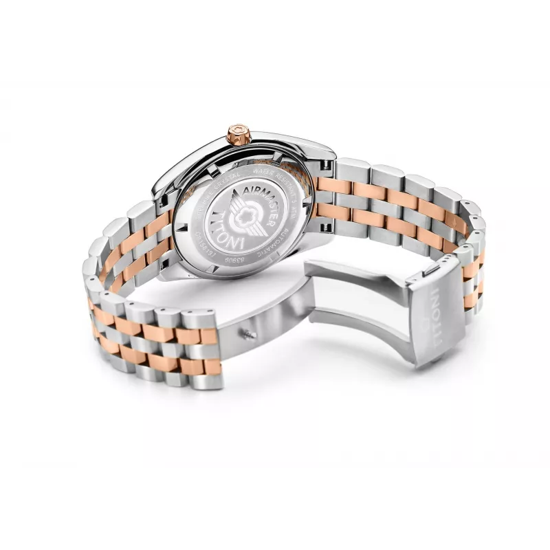 TITONI meeste automaatkell 83909SRG-063 38.5mm roosakuldne PVD roostevaba teras hõbedane sihverplaat pruun nahkrihm