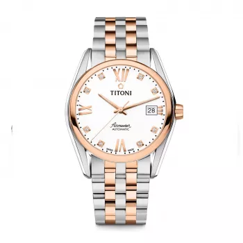 TITONI meeste automaatkell 83909SRG-063 38.5mm roosakuldne PVD roostevaba teras hõbedane sihverplaat pruun nahkrihm