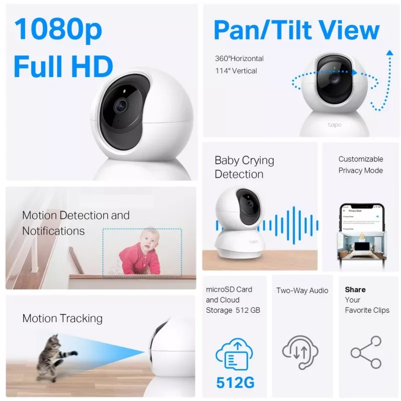 TP-Link Tapo C200C pööratav kodune turvakaamera Wi-Fi - 1080p Full HD, 360° horisontaalne ulatus, kahesuunaline heli, öönägemine kuni 9m, MicroSD kuni 256GB, valge