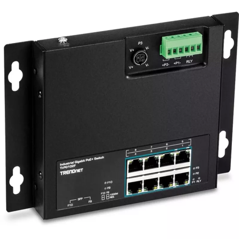 TRENDnet TI-PG102F tööstuslik 8-pordiline Gigabit PoE+ kommutaator (240W, DIN-liist, IP30, ventilaatorita)