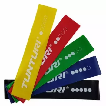 Tunturi Mini vastupanulintade komplekt – 5 silmuslinti, 5 vastupanu taset, naturaalne lateks, koos hoiukotiga