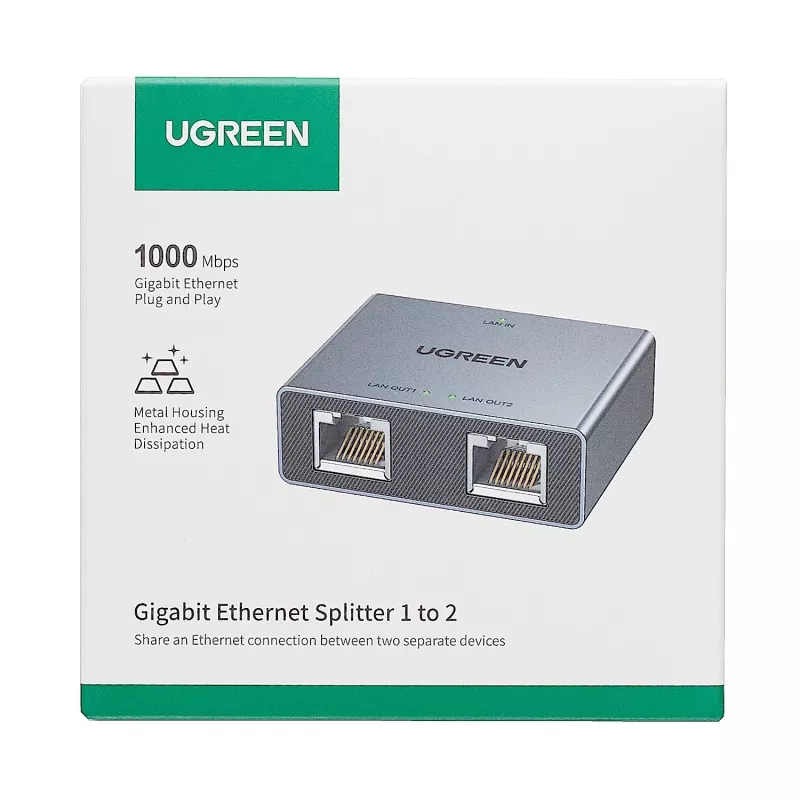 UGREEN 1-to-2 Gigabit Ethernet Splitter, 1000Mbps LAN-võrguadapter, RJ45 isane 2 emasele, passiivne, must