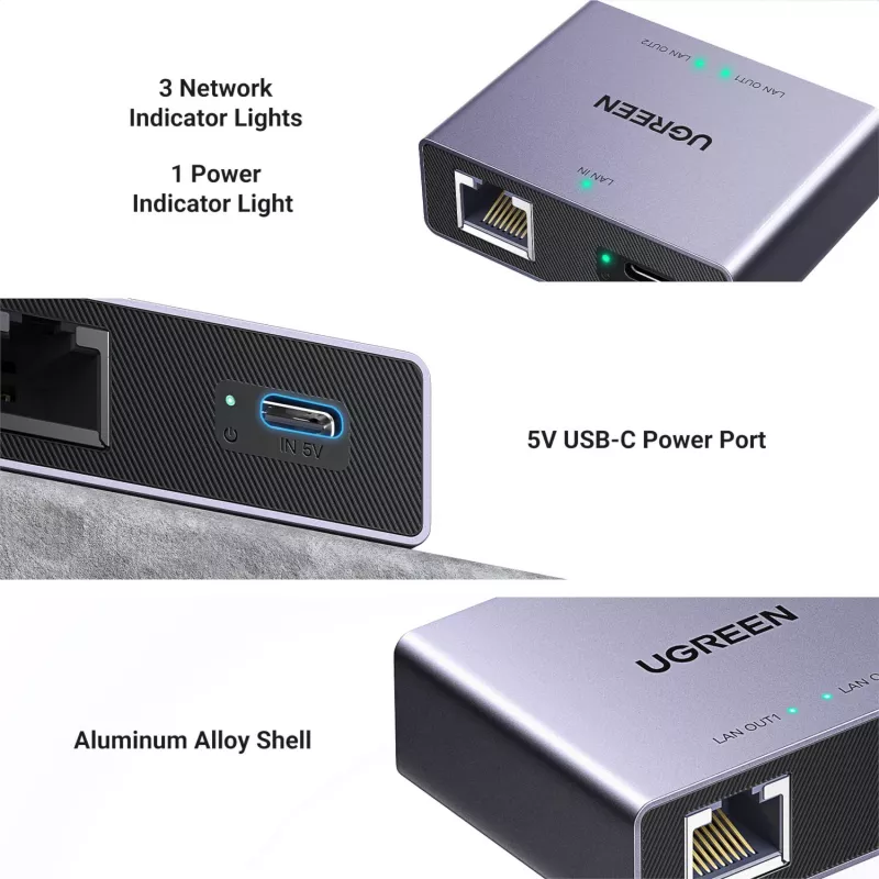 UGREEN 1-to-2 Gigabit Ethernet Splitter, 1000Mbps LAN-võrguadapter, RJ45 isane 2 emasele, passiivne, must