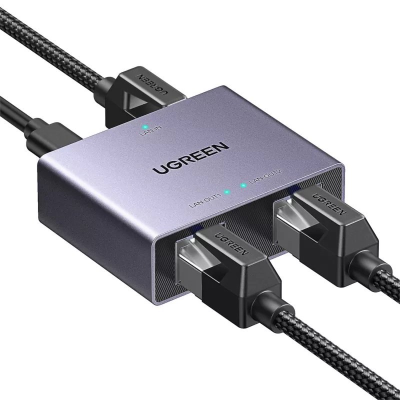 UGREEN 1-to-2 Gigabit Ethernet Splitter, 1000Mbps LAN-võrguadapter, RJ45 isane 2 emasele, passiivne, must