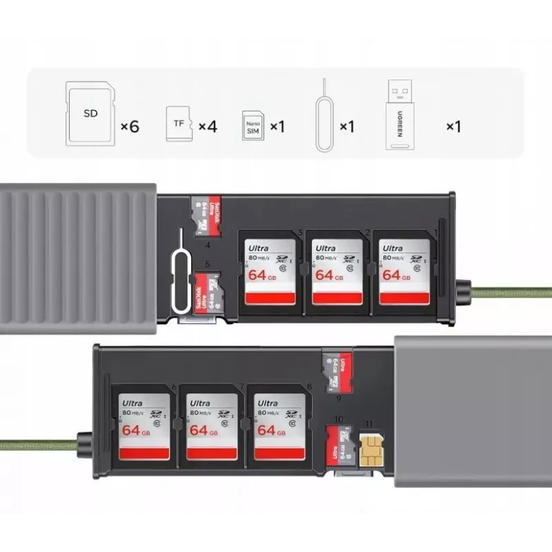 UGREEN 2-in-1 USB 3.0 SD/microSD-kaardilugeja hoiukarbiga, hall