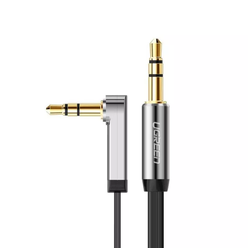 UGREEN AV119 täisnurkse 3,5 mm pistikuga lame aux-kaabel 2m - must/hõbe