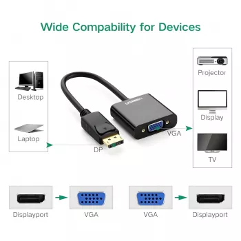 UGREEN DisplayPort isane VGA emane muundur, aktiivne adapter, Full HD 1080p, kullatud, must