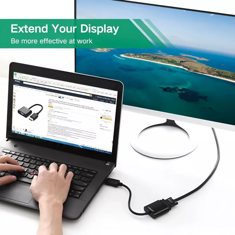 UGREEN DisplayPort isane VGA emane muundur, aktiivne adapter, Full HD 1080p, kullatud, must