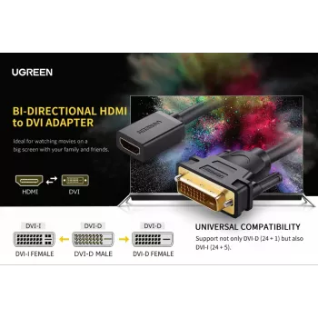 UGREEN DVI-HDMI kaabeladapter 15cm isane-emane 1080p Full HD must