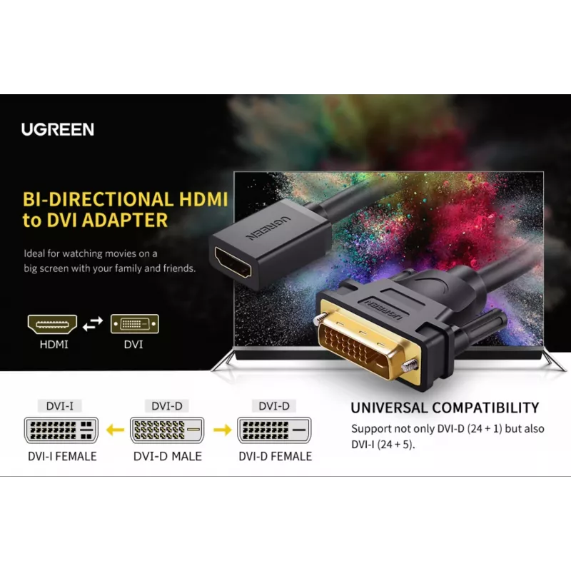 UGREEN DVI-HDMI kaabeladapter 15cm isane-emane 1080p Full HD must