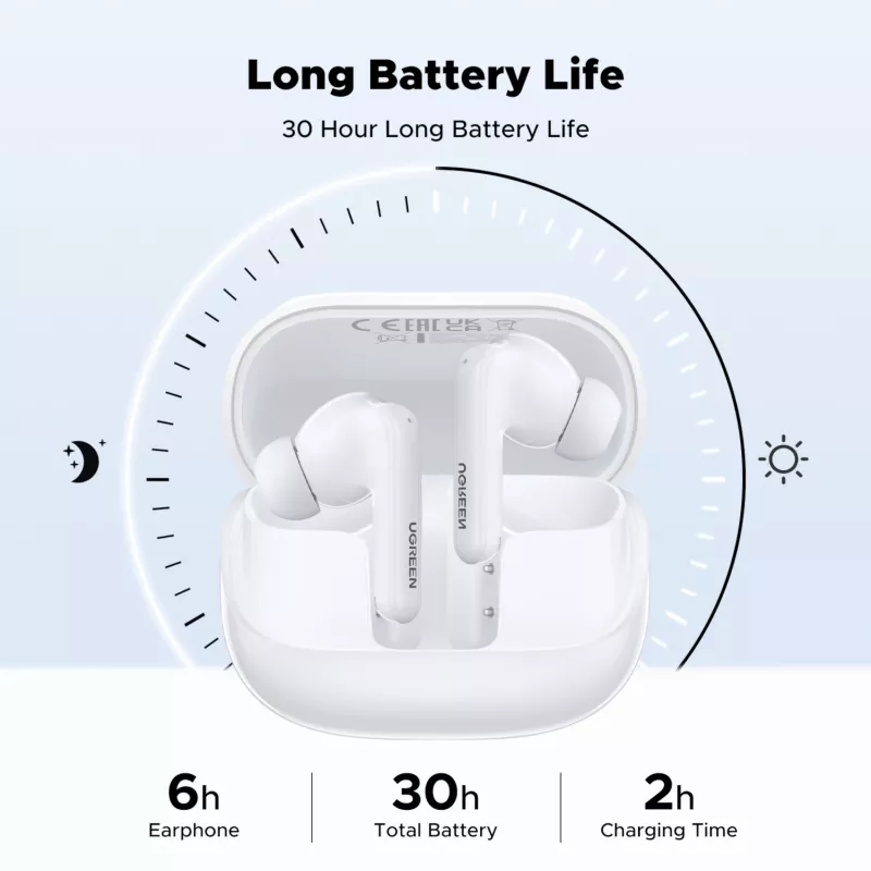 UGREEN EchoBuds Magic traadita kõrvaklapid aktiivse mürasummutusega, Bluetooth 5.2, IPX5 veekindlus – valge