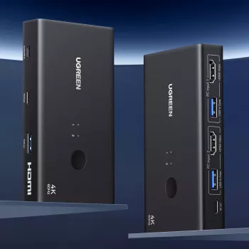UGREEN HDMI 2.0 KVM Switch 2-In-1 Out, 2 arvutit 1 monitor, 4K@60Hz, 3-port USB 2.0 hub, nupp- ja kiirklahvilülitus, alumiiniumsulam, HDCP 2.2, HDR10