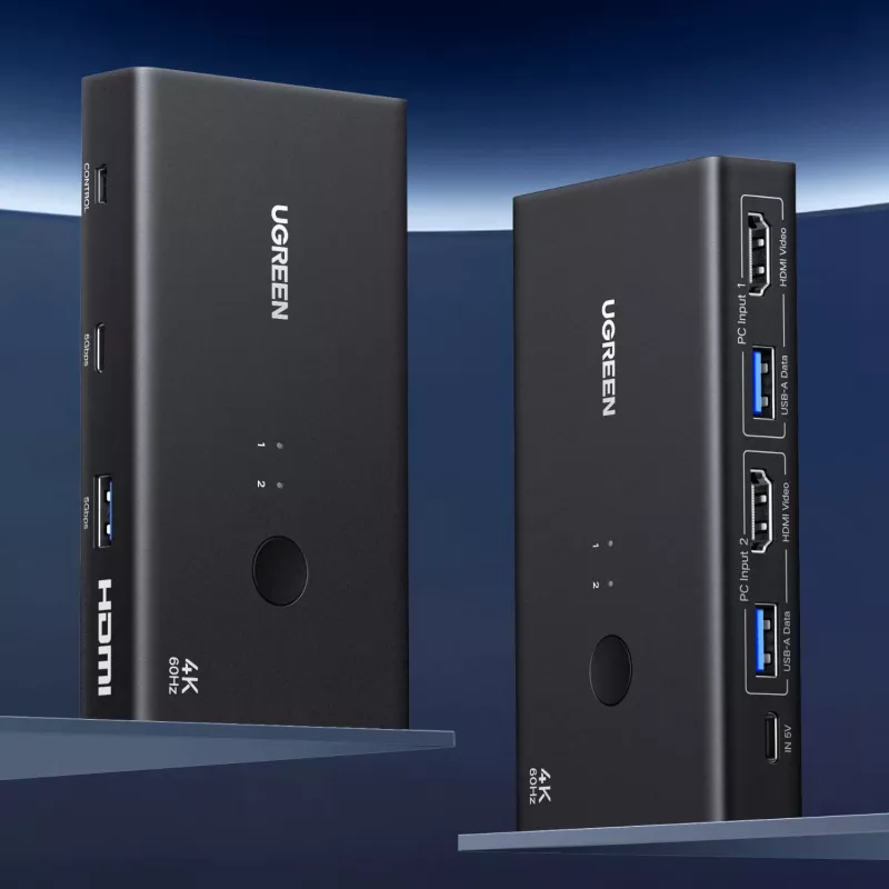 UGREEN HDMI 2.0 KVM Switch 2-In-1 Out, 2 arvutit 1 monitor, 4K@60Hz, 3-port USB 2.0 hub, nupp- ja kiirklahvilülitus, alumiiniumsulam, HDCP 2.2, HDR10