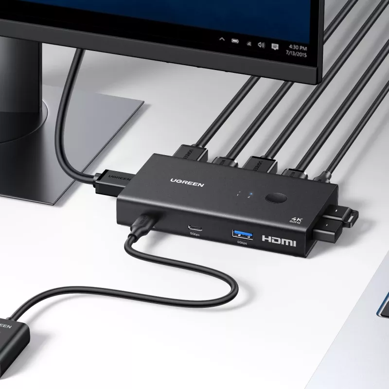 UGREEN HDMI 2.0 KVM Switch 2-In-1 Out, 2 arvutit 1 monitor, 4K@60Hz, 3-port USB 2.0 hub, nupp- ja kiirklahvilülitus, alumiiniumsulam, HDCP 2.2, HDR10