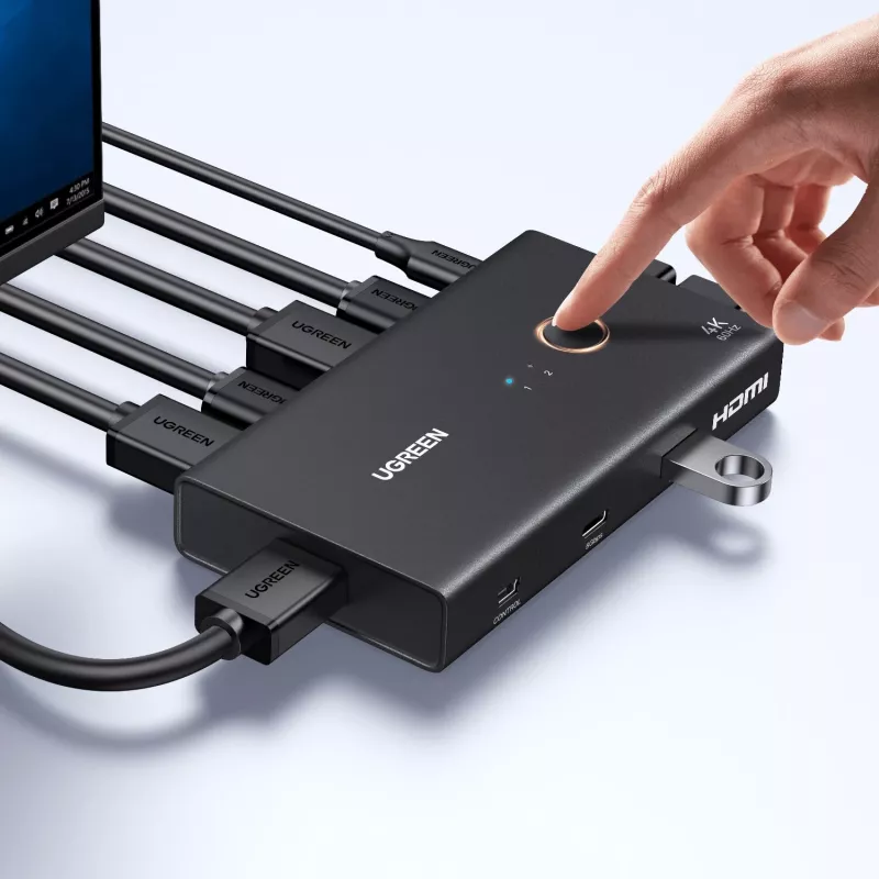 UGREEN HDMI 2.0 KVM Switch 2-In-1 Out, 2 arvutit 1 monitor, 4K@60Hz, 3-port USB 2.0 hub, nupp- ja kiirklahvilülitus, alumiiniumsulam, HDCP 2.2, HDR10