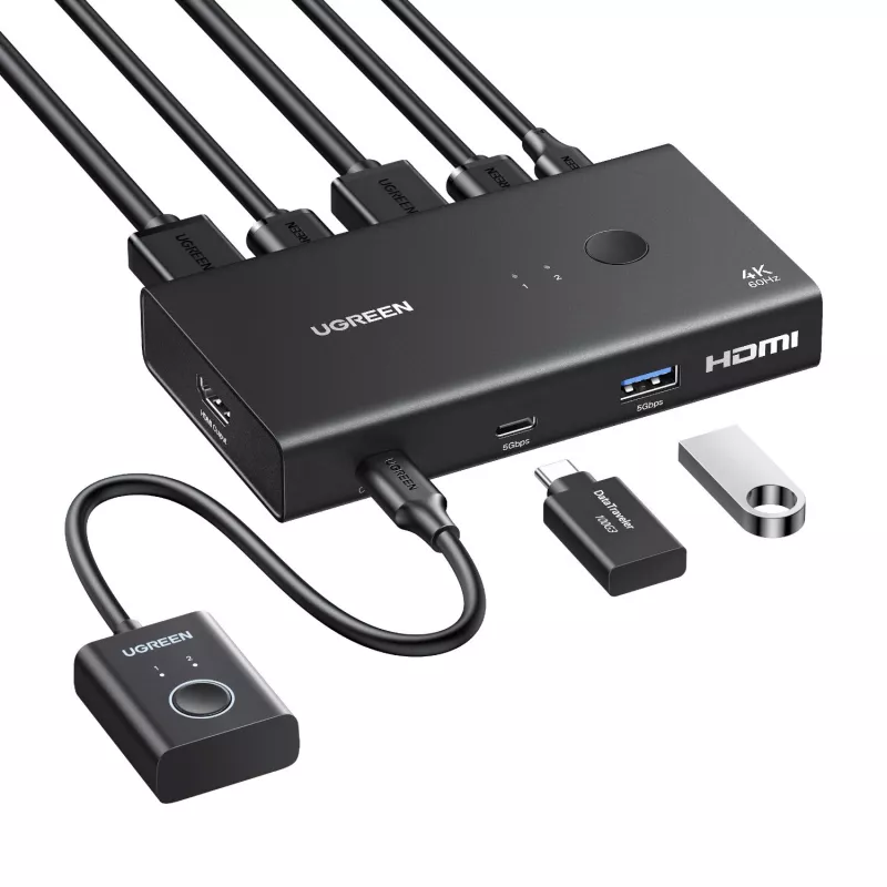 UGREEN HDMI 2.0 KVM Switch 2-In-1 Out, 2 arvutit 1 monitor, 4K@60Hz, 3-port USB 2.0 hub, nupp- ja kiirklahvilülitus, alumiiniumsulam, HDCP 2.2, HDR10
