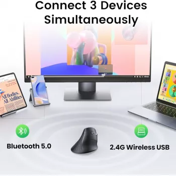 UGREEN Multi-Mode vertikaalne hiir Bluetooth ja 2.4G juhtmevaba – must