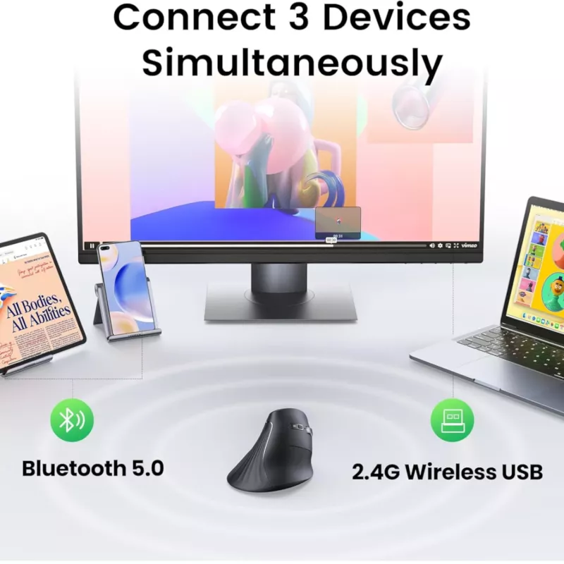UGREEN Multi-Mode vertikaalne hiir Bluetooth ja 2.4G juhtmevaba – must